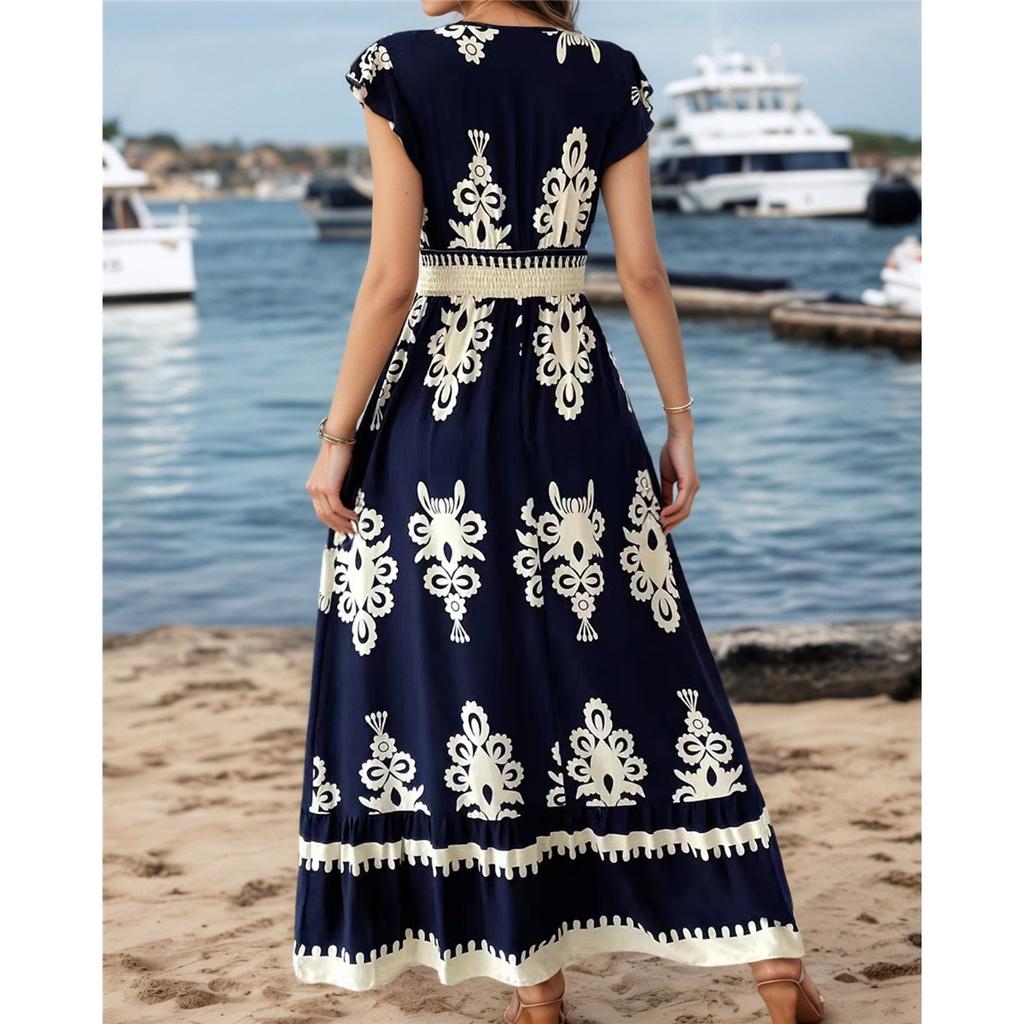 New Summer Holiday Style Printed V-neck Waist Short-sleeved Dress Holiday Long Dress