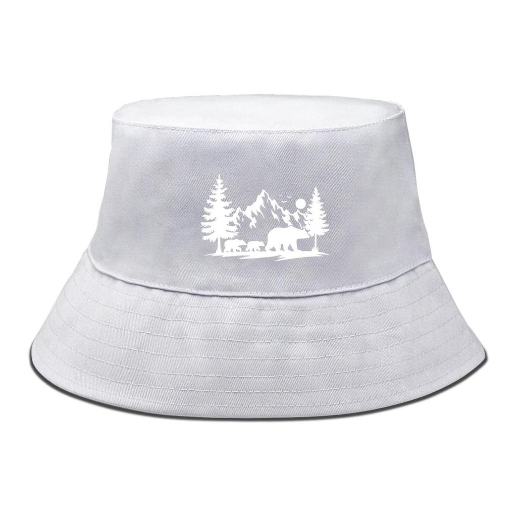 Bucket Hat With White Forest Mountains Print , Animal Fisherman Hat Solid Color Beach Simple Beach Cap