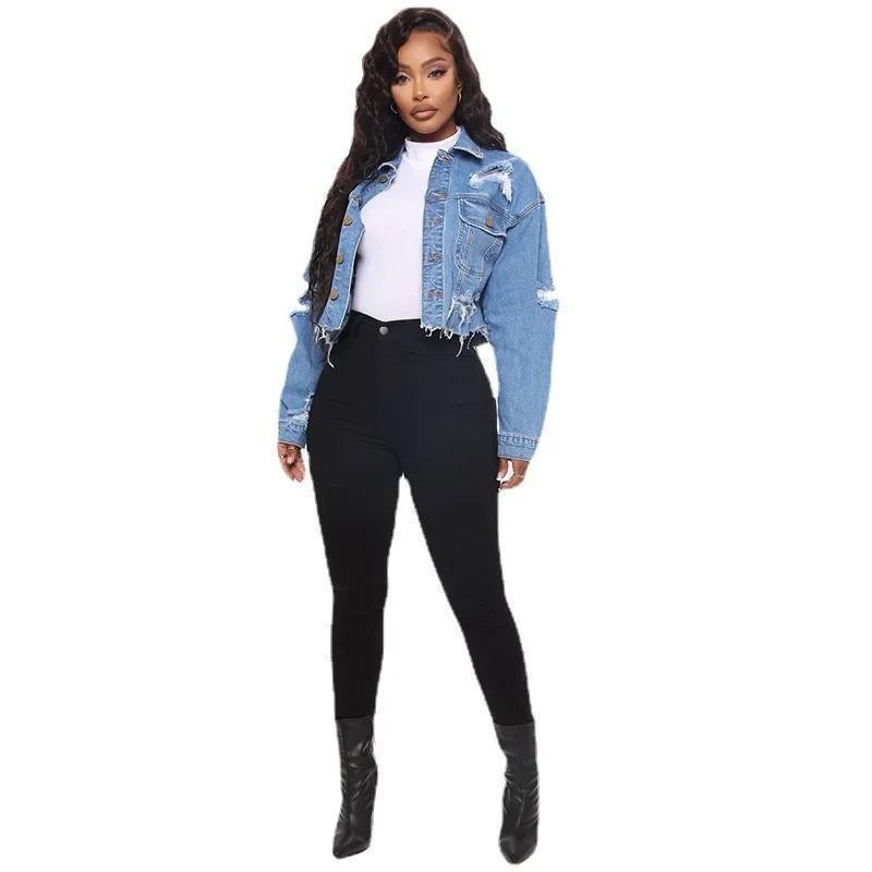 Women's New Ripped Denim Jacket with Torn Holes