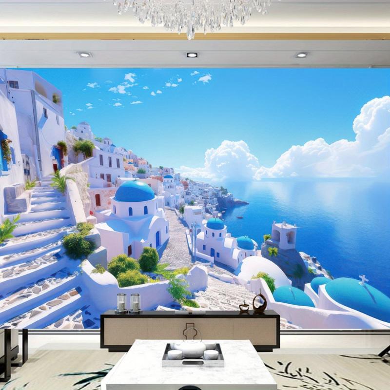 Santorini Coast, Aegean Sea Scenery Wall Tapestry Living Room Bedroom Homestay Atmosphere Polyester Fiber Wall Hanging 100X70CM