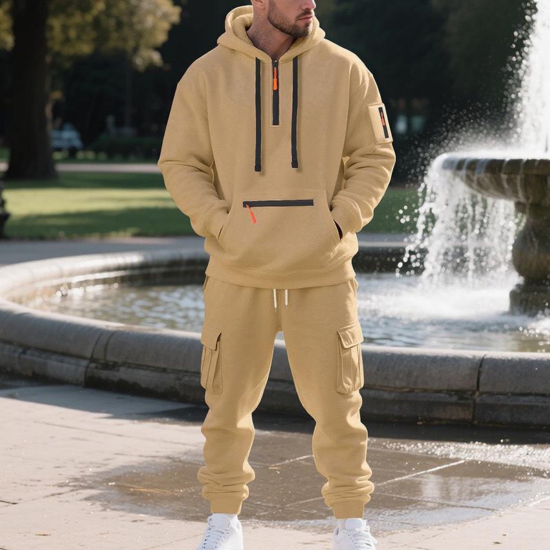 

2026 Men s Autumn/Winter Fashion Casual Half-Zip Multi-Pocket Hoodie & Sweatpants Set M хаки