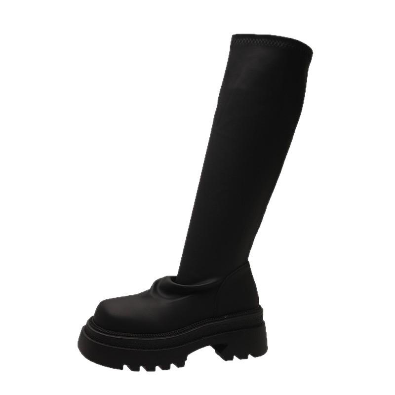 2025 new long boots women's thick-soled high-tube thin autumn and winter mid-tube boots stacking boots small thin boots black