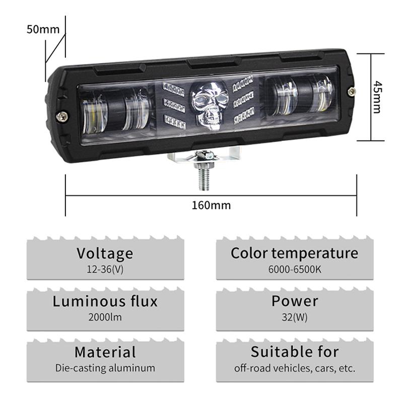 6 Inch Skull LED Work Light Bar 12V-36V Offroad Driving Running Light Fog Lights for Motorcycle 4X4 ATV SUV Truck Tractor