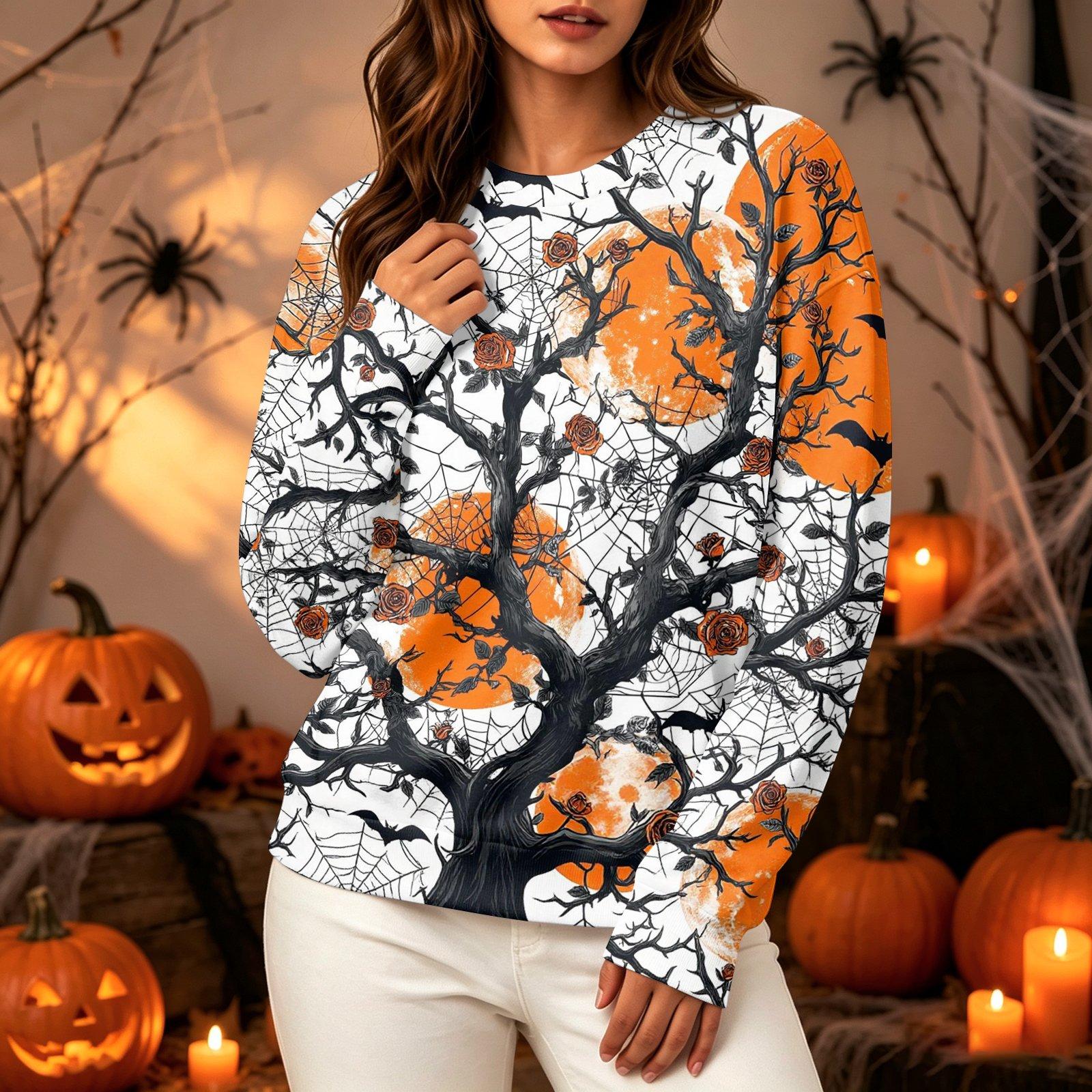 Women s Long Sleeve Halloween Print Neck Sweatshirt, Casual Relaxed Fit Pullover Top XL