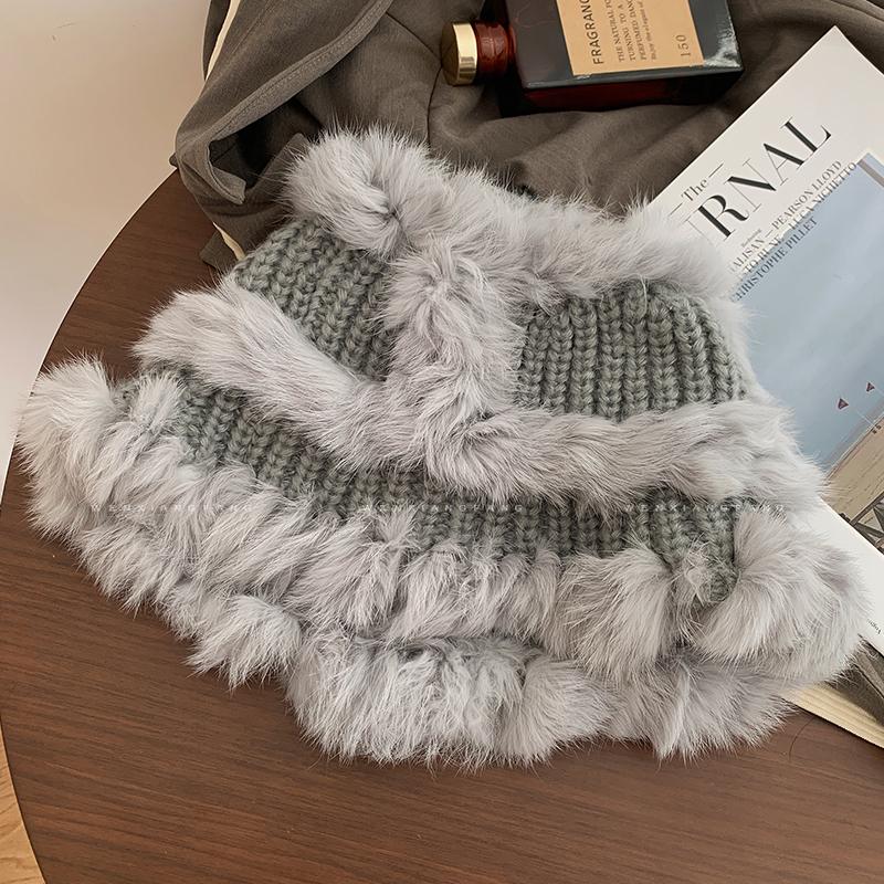 Rabbit fur hat women's autumn and winter thickened knitted hat cute face bucket hat warm wool hat plush lion hat