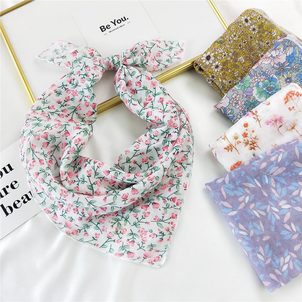Floral Cotton Linen Silk Scarf: Women's Square Headband for Spring, Summer, Autumn - Korean Fresh Style