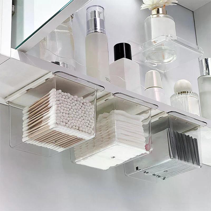 Transparente Badezimmer-Wattestäbchen-Make-up-Aufbewahrungsbox Ausziehbare Schublade unter dem Spiegel Schrankorganizer