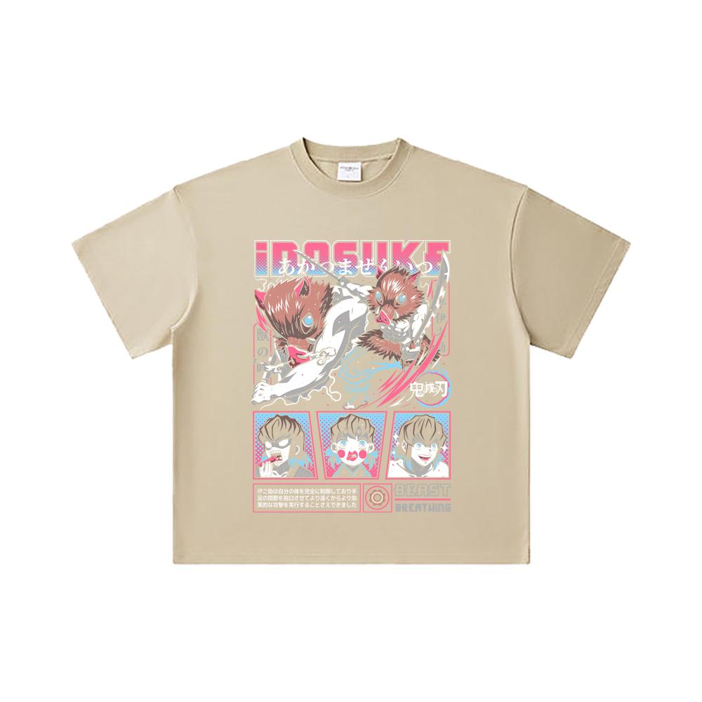 260 GSM Double Yarn 32 Count 100% Cotton Demon Slayer V28 Inosuke Print Unisex Heavy Cotton T Shirt