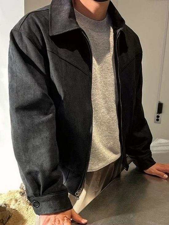 Korean Men's Suede Bomber Jacket: Autumn/Winter, Short, Loose, Thickened, Lapel, Zipper, Hong Kong Style.