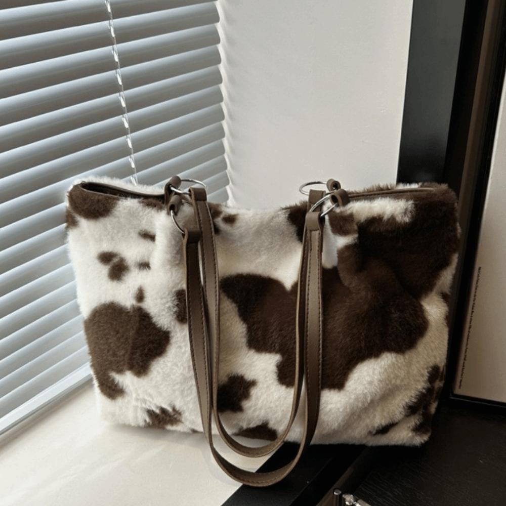 Large Capacity Plush Tote Bag Versatile Underarm Bag Gift Cow Print Shoulder Bag Women