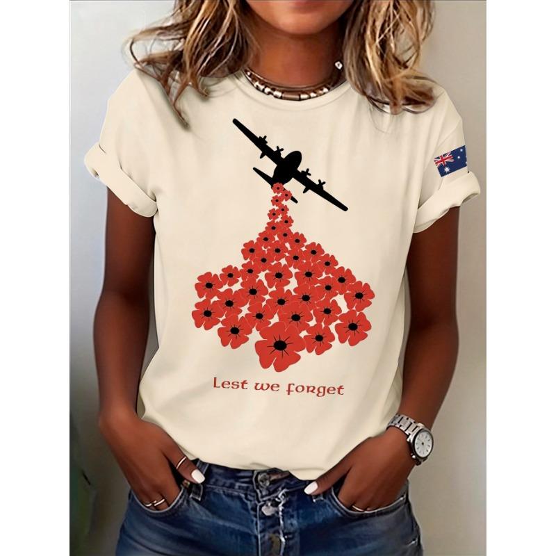 Womens Anzac Day Lest We Forget Print TShirts Summer Casual Round Neck T Shirt Short Sleeve Tops