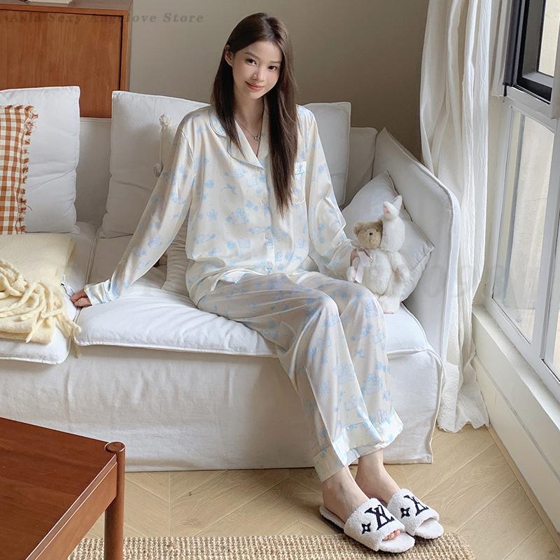 Female Pajamas Set Loungewear Cartoon Print Flower Long Sleeve Trouser Suits Sleepwear Loose Satin 2PCS Shirt&Pant Home Clothes