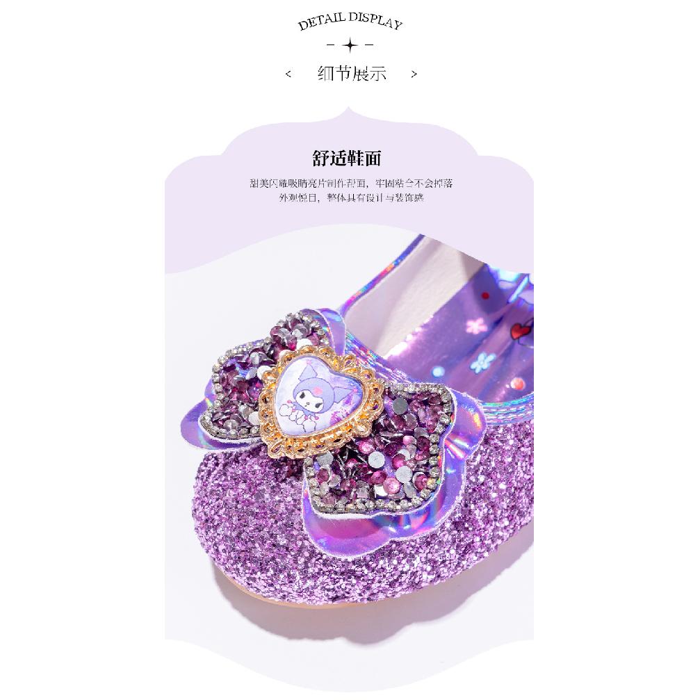 Buty księżniczki fioletowe Kuromi buty do występów dla dziewczynek małe dziewczynki buty na jeden sezon wiosna i jesień wysokie obcasy wybieg miękka podeszwa skórzane dla dzieci