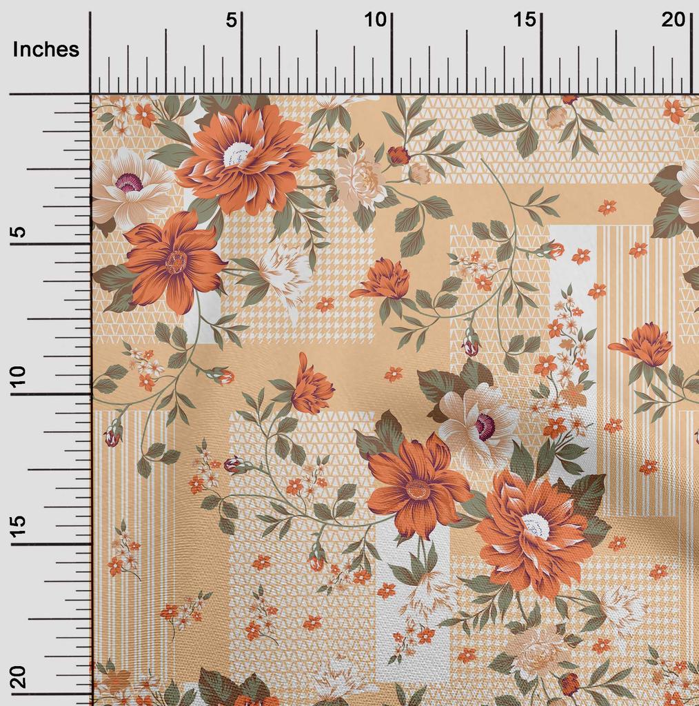 oneOone Cotton Flex Dark Beige Fabric Asian Floral With Geometrical Texture Sewing Craft Projects Fabric Prints By Yard 40 Inch