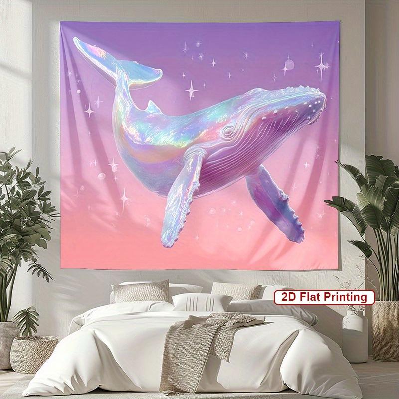 Holographic Whale Tapestry  Iridescent Pink and Purple Ocean Scene Dreamy 2D Art Wall Hanging  for Bedroom or Dorm Decor