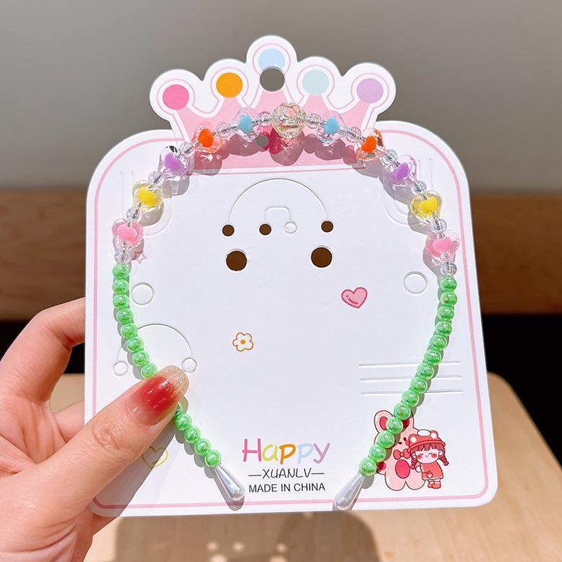 Colorful Pearl Necklace and Jewelry Set: Beaded Bracelet, Cartoon Headband, Earrings - Princess Accessories for Girls