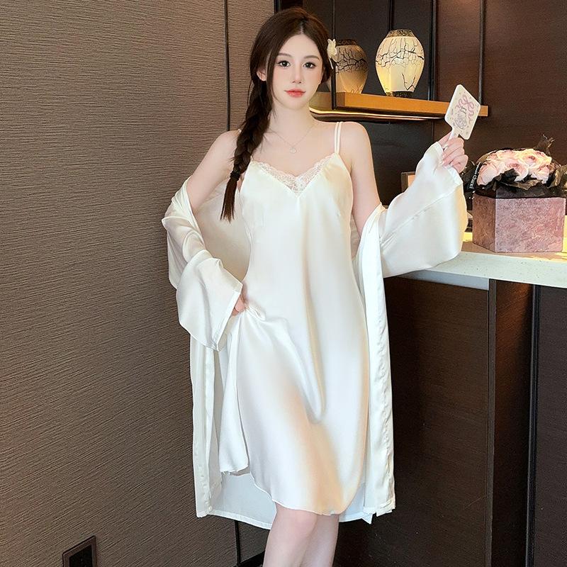 

Ice Silk Pajamas Women s Spring and Autumn Thin Sexy Lace Suspender Pajamas Two-piece Set Spring and Autumn Korean Edition Simulation Silk Home M белый