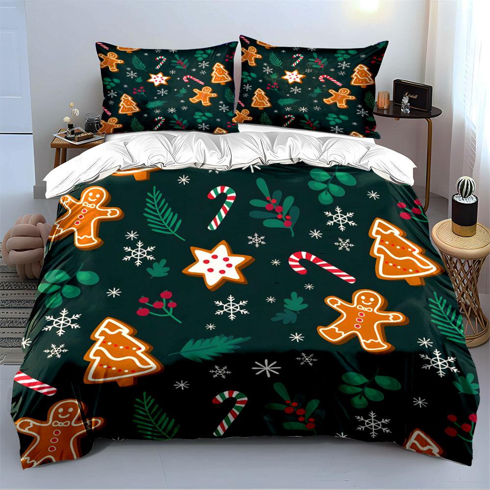 Christmas Gingerbread Print Set Bedding Duvet Cover Set Duvet Cover Pillowcases (1 * Duvet Cover 2 * Pillowcases, Without Duvet Insert)