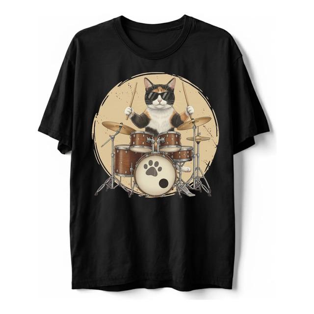 Camiseta Cool Calico Cat Playing Drums Funny Baterista E Mús S