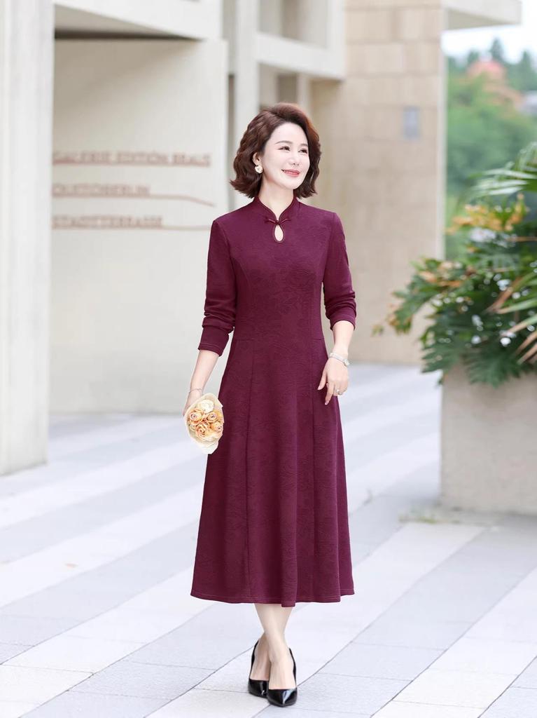 Red Elegant Mid-Length Over-the-Knee Long Sleeve Dress for Middle-Aged and Elderly Women