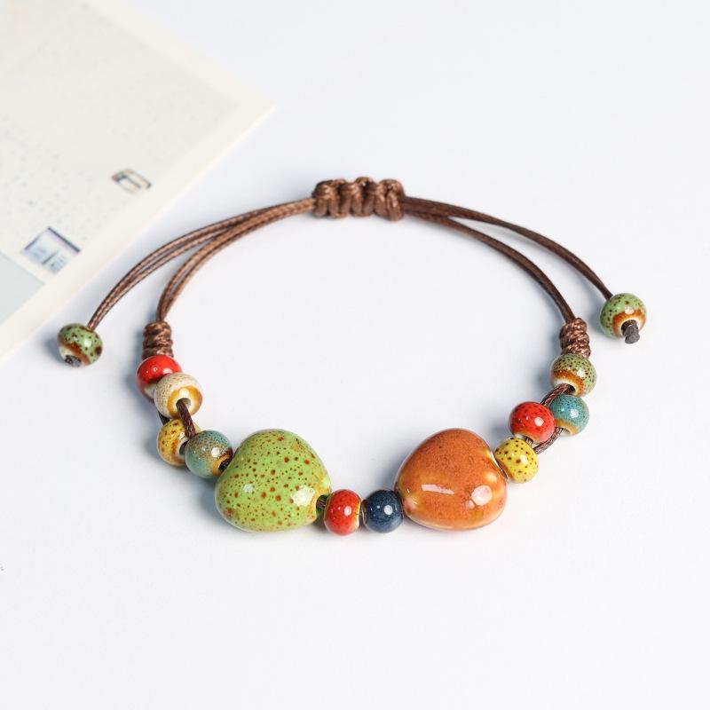 Jingdezhen Porcelain Beaded Bracelet: Floral Glaze Heart Charm for Women, Couples & Friends