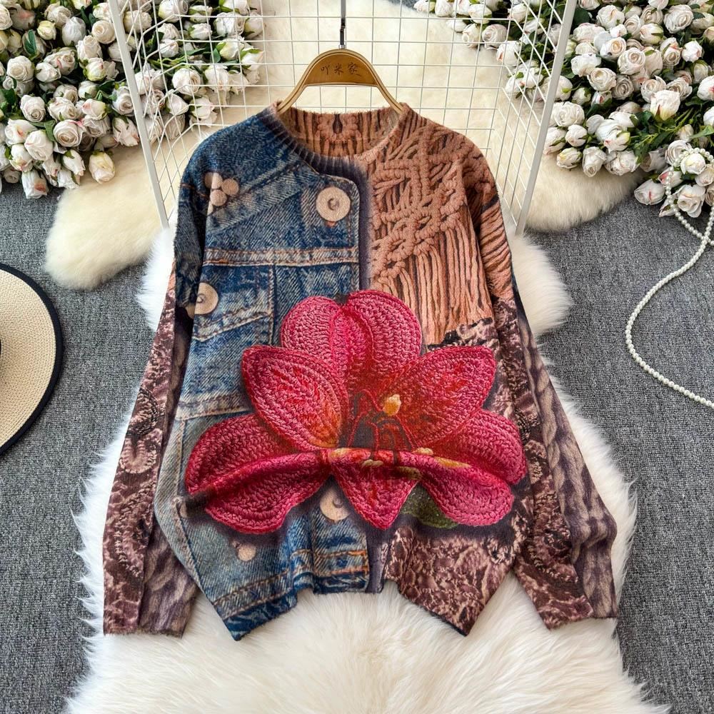 

DIMANAF 2024 Весенний пуловер Осень Женский Узор Печатный Свитер Длинный Рукав Вязаный Свободный Свитер One size