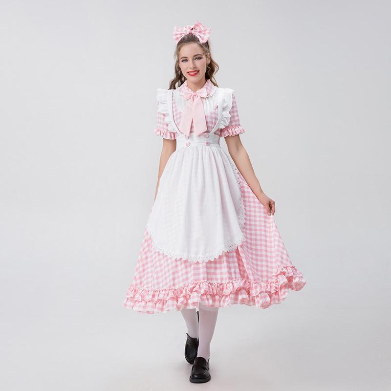 Cosplay Four Color Halloween Farm Costume Red and White Checked Lace Oktoberfest Costume Maid Master Dress