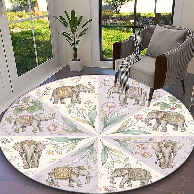 1pc Cute Pink Elephants Gray Elephant Rug, Comfortable Printed Home Round Carpet, Cozy Office Chair Rug