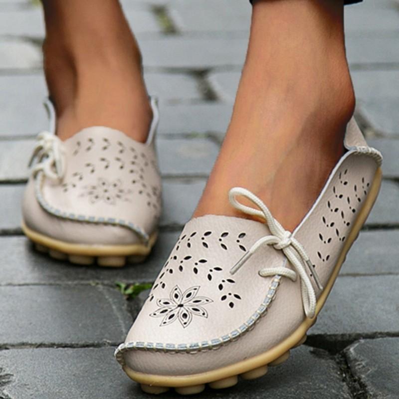 Women's Loafers Genuine Leather Women Flats Bowtie Tenis Shoes For Women Hollow Nurse Shoes Slip On Footwear Plus Size