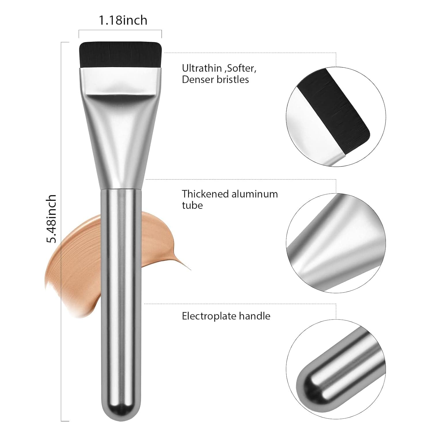 Professional Flat Foundation Brush, Silver Makeup Spatula, Premium Face Brush for Liquid Foundation and Cream