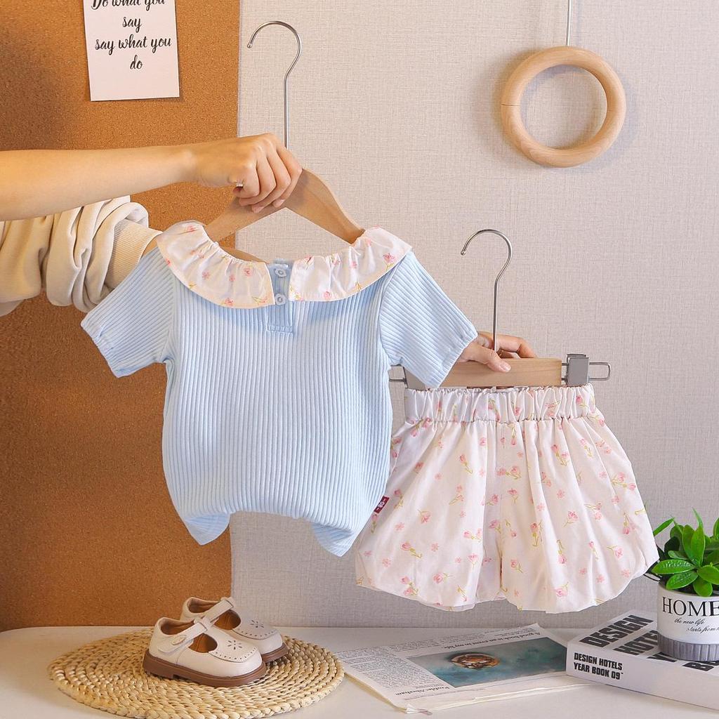 Girls' Floral Collar Short Sleeve Summer Outfit - Stylish Baby Two-Piece Set In Solid Color