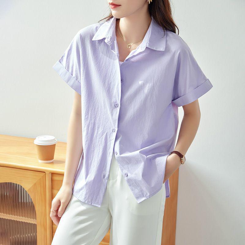 Women's Chic Pure Cotton Loose Fit White Short-Sleeve Shirt - Korean Style Summer Casual Top