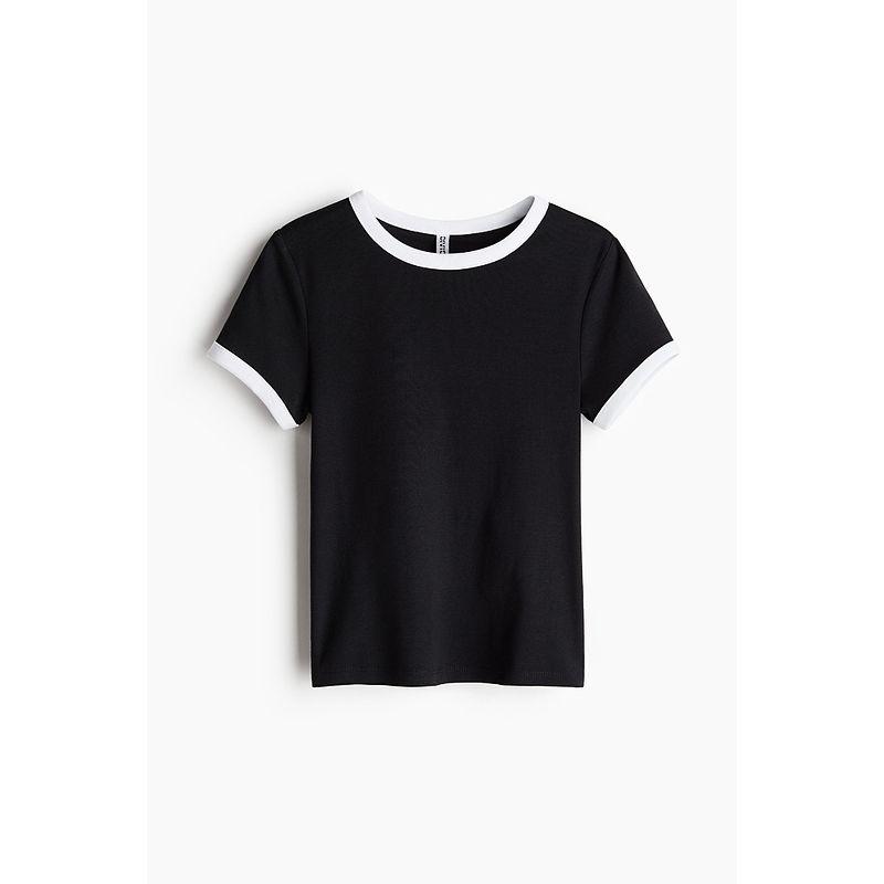 

HM Women s T-shirt Fall 2025 New Arrival Silm round Neck American Retro Sexy Short Sleeve Tops 1272760 Black 155/76(XXS)