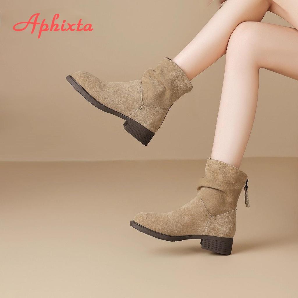 Fashion Aphixta 3.5cm Med Heel Ankle Boots Women Back Zipper Khaki Westen Boot Pointed Toe Women's Ankle Boots Botas Cowboy Mujer