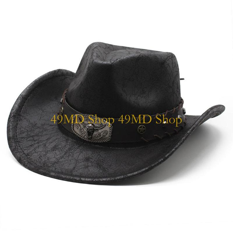 49MD Rolled Brim Cowboy Hat for Woman Men Wear Resistant Cowboy Hat with Hat Band Large Brim Windproof Hat