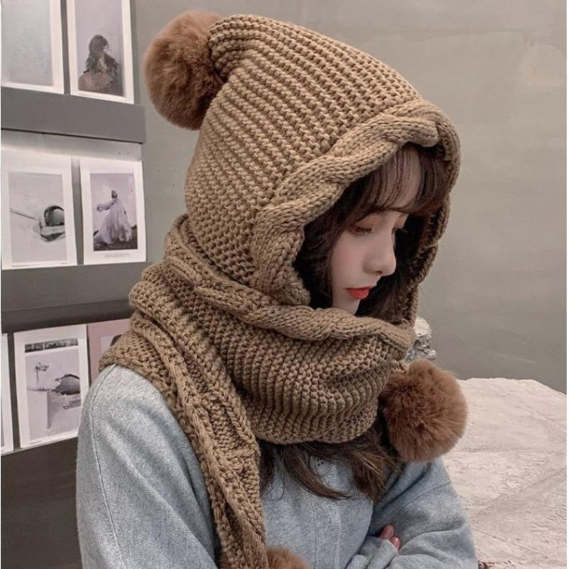 Korean Winter Hat Scarf Combo for Women Thick Knit Beanie with Pom Ear Flaps Bonnet for Extreme Cold Bucket hat for Women
