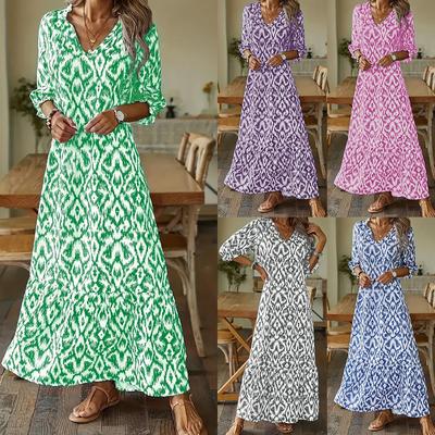 Damen Bohemian Maxikleid mit 3/4-Ärmeln und V-Ausschnitt, bedruckt