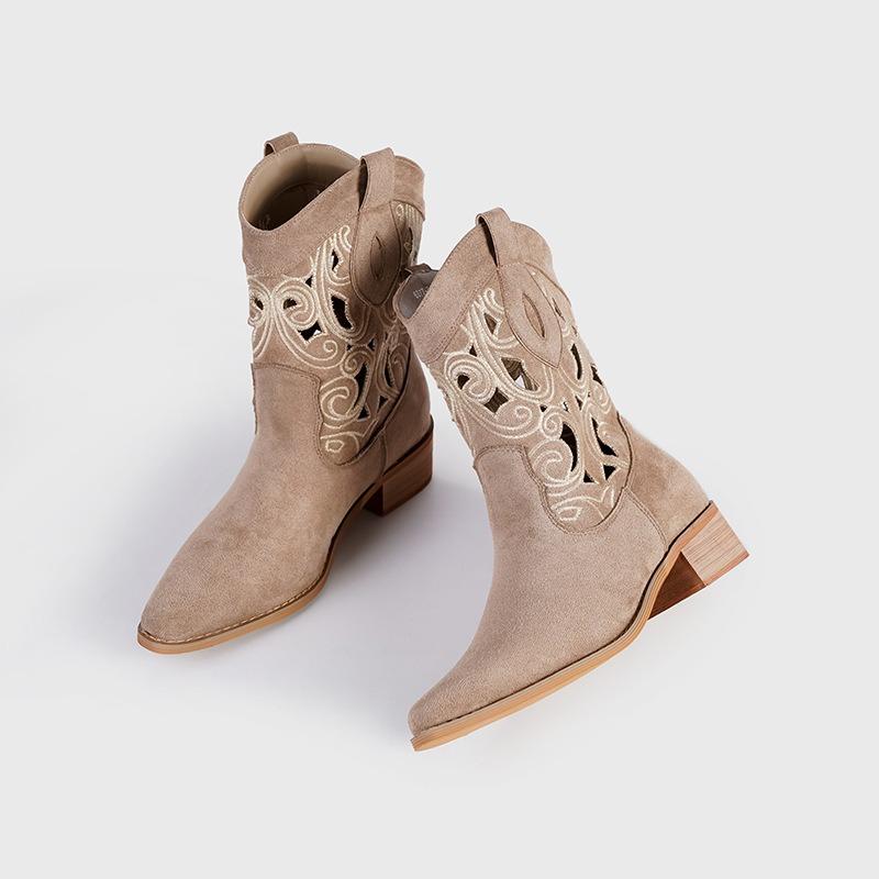 Flowering on the other side, new western cowboy boots embroidered hollow women's thick heel V-mouth knight boots women's retro short