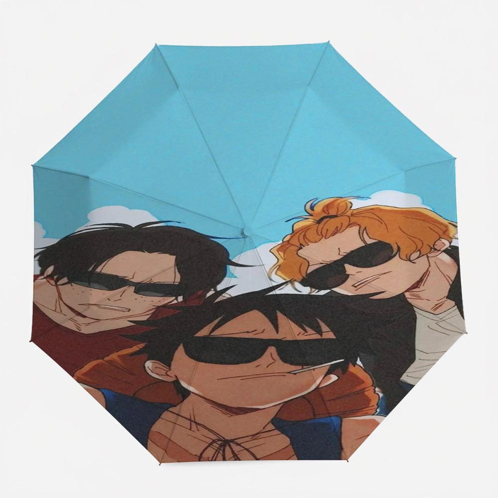 

One Piece Luffy Ace Sabo ASL Brothers Cool Sunglasses Anime Automatic Folding Umbrella Windproof Waterproof UV Protection Compac (as the picture,Iron&8K)