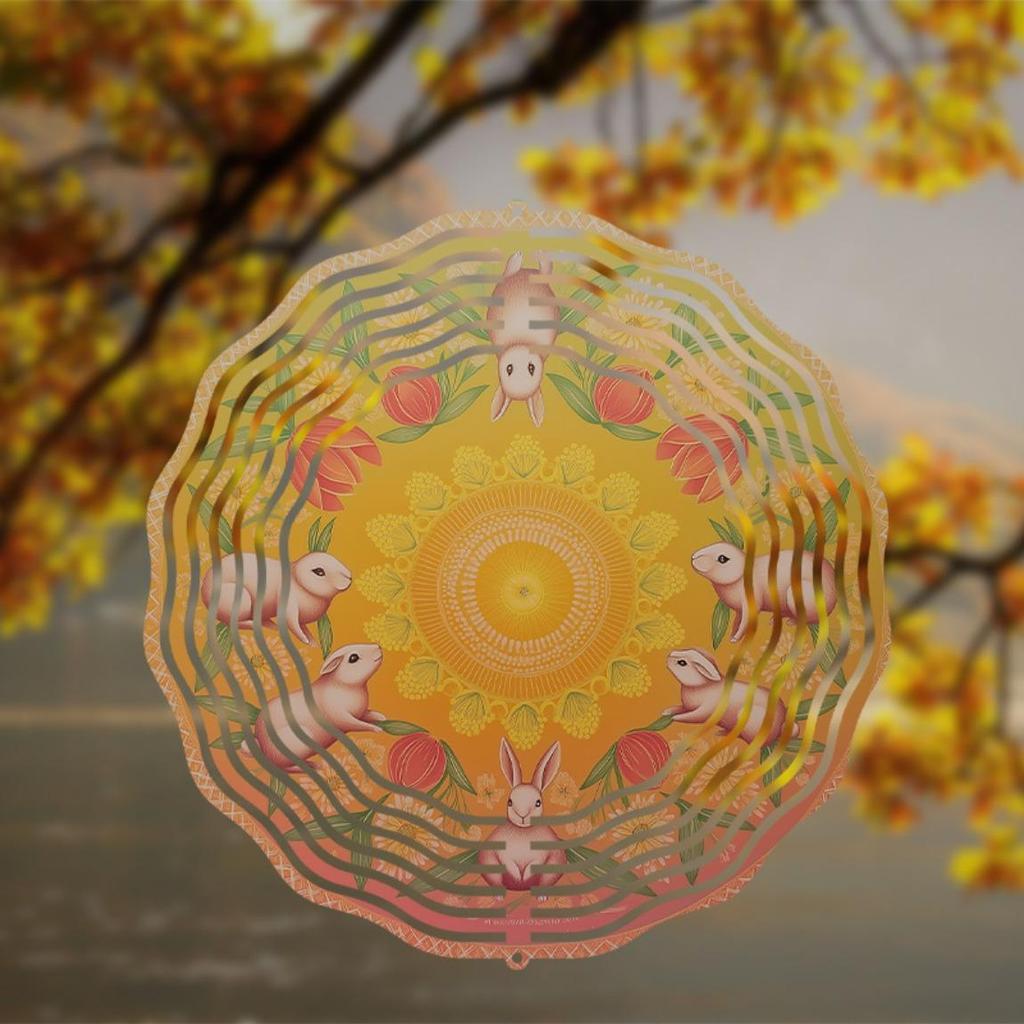Metal Wind Spinner with Rabbit and Floral Design 360 Rotating Outdoor Decor for Garden Patio Balcony Vibrant Colors No Battery Needed