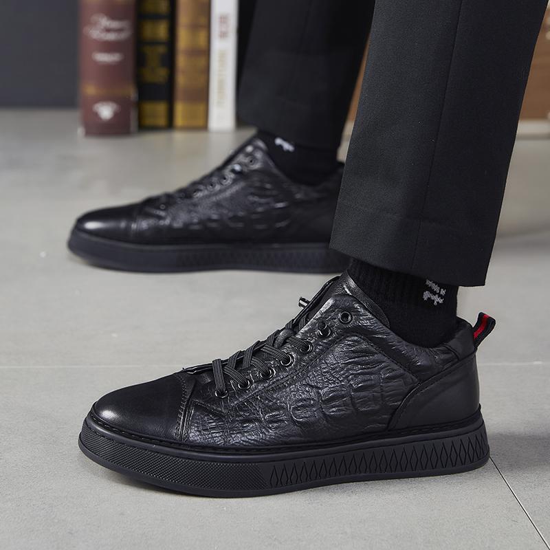 Italiensk Ekte Lær Fritidssko Mote Herre Snøresko Utendørs Varm Vinter Herre Flats Skinnende Kontor Herre Dressko