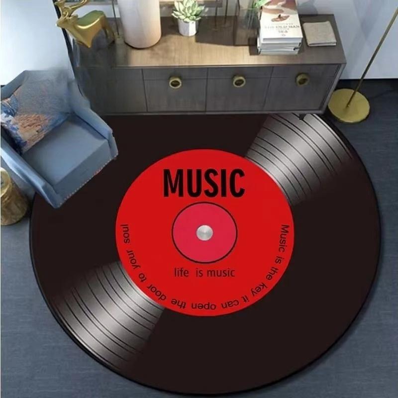 Retro Rockband Musik Schallplatte Runder Teppich Flanellteppich für Schlafzimmer Rutschfest Waschbare Fußmatte für Wohnzimmer Stilvolle Deko-Matten