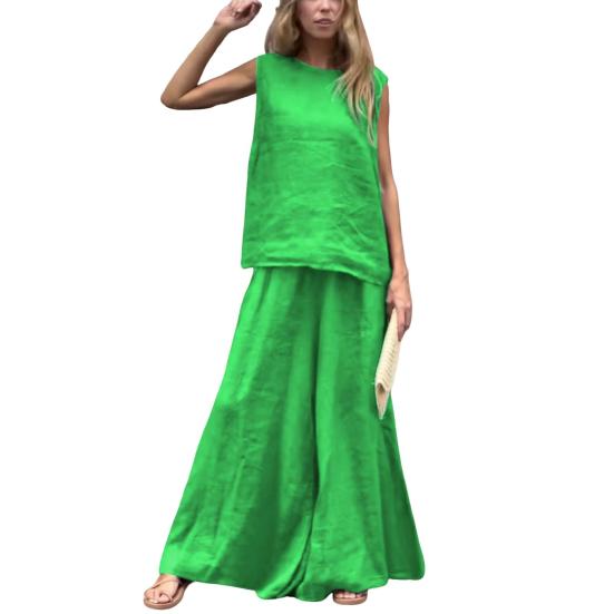 

Женский летний комплект из 2 предметов: майка без рукавов, широкие брюки, повседневный комплект из льна и хлопка для отдыха на пляже XXXL зелёный