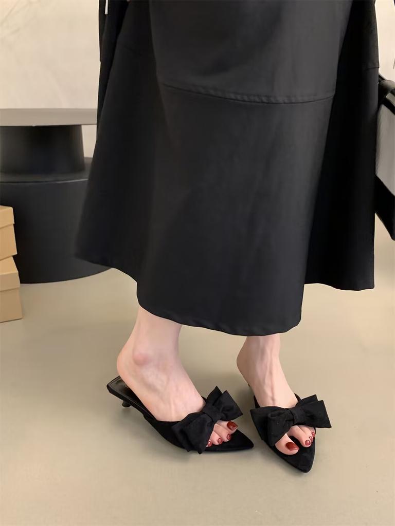 New Butterfly Knot Slipper Fashion Pointed Toe Slip On Ladies Elegant Sandal Thin Low Heel Peep Toe Slides Shoe Pumps Dress