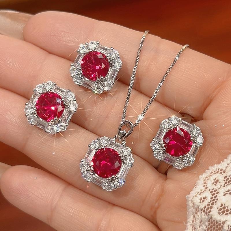 Copper Gold-plated Jewelry Set Earrings Necklace Ring Ruby Niche Simple Fashion Women's