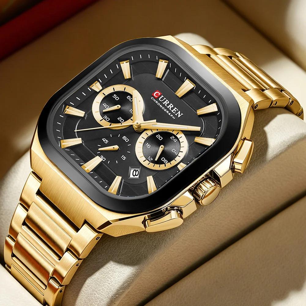 Mens Square Chronograph Watches Stainless Steel Wrist Watch with Date Luminous Hands Waterproof