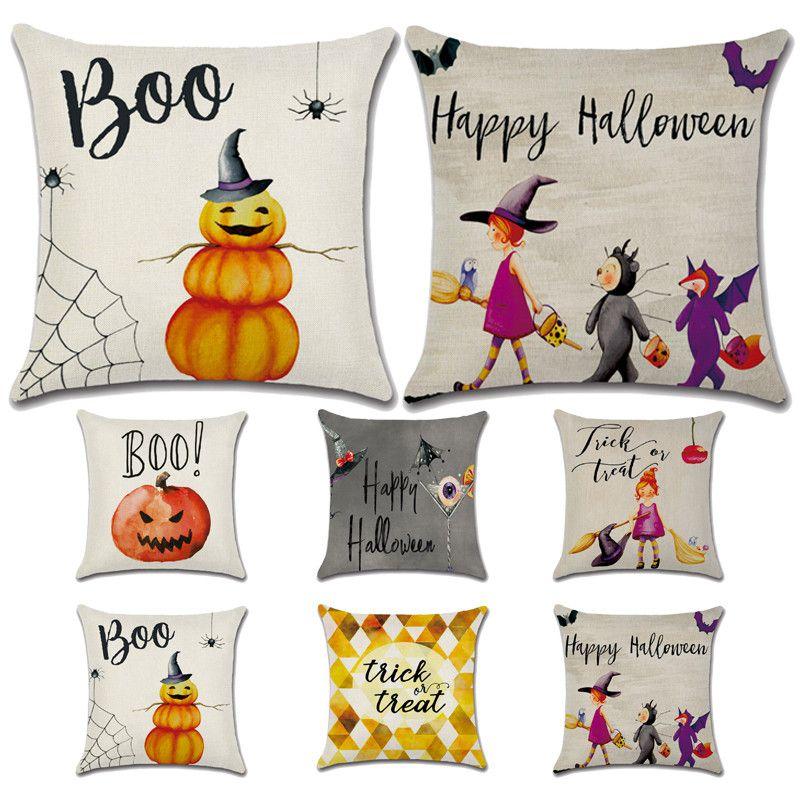 Festively Colorful Halloween Themed Cushion Cover In Soft Linen For Cozy Home Decor