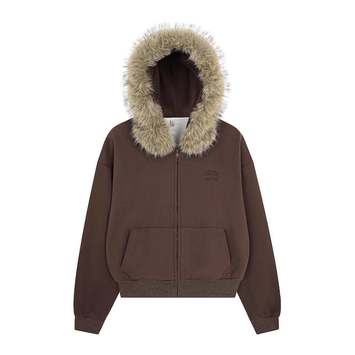 

Худи на молнии VAYLA Y2K с воротником из искусственного меха, свободное пальто в стиле харадзюку, уличная одежда, худи на молнии, толстовка L коричневый