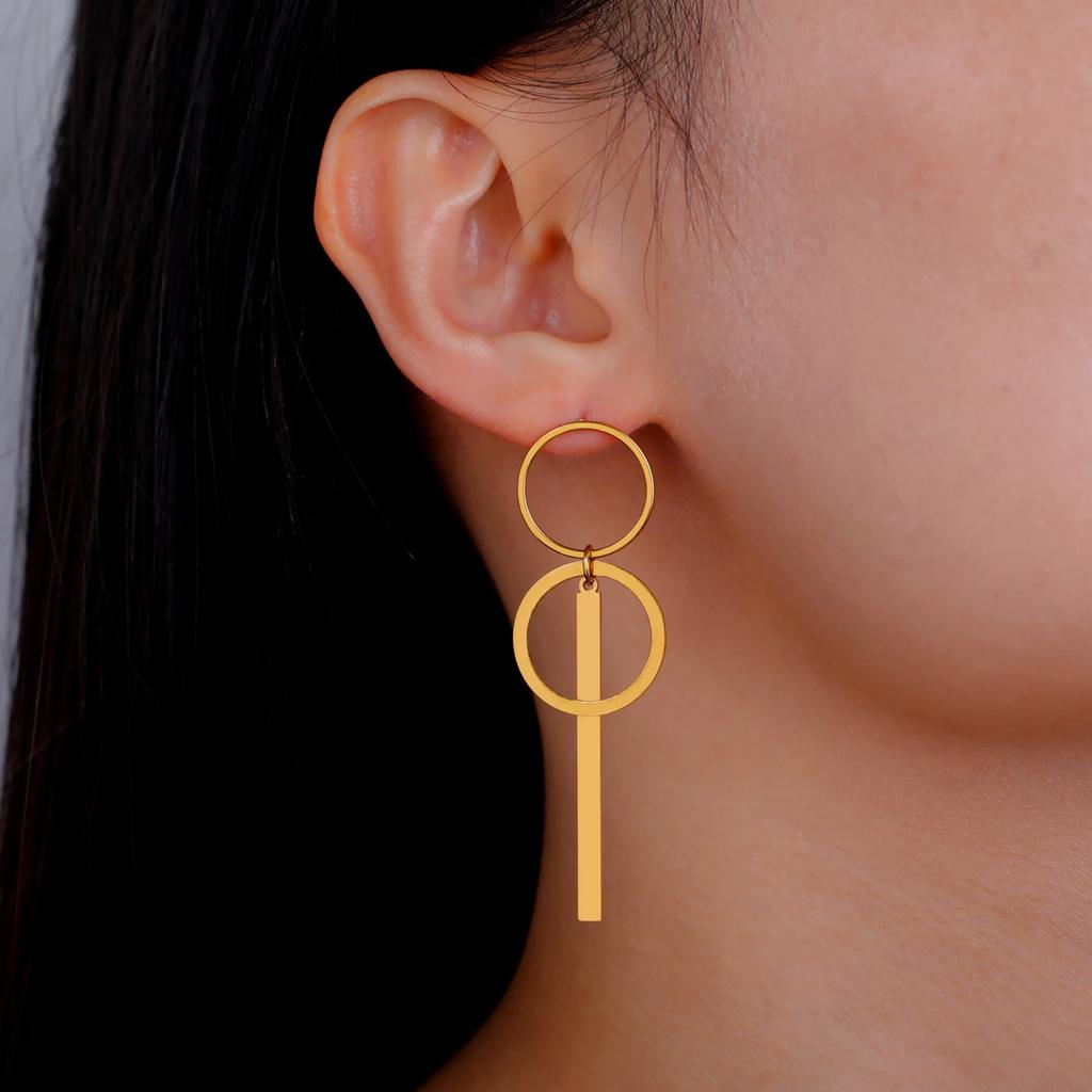 Round Long Tassle Drop Earring for Women Stainless Steel Minimalist Stud Earrings Trendy Geometric Wedding Jewelry Gift