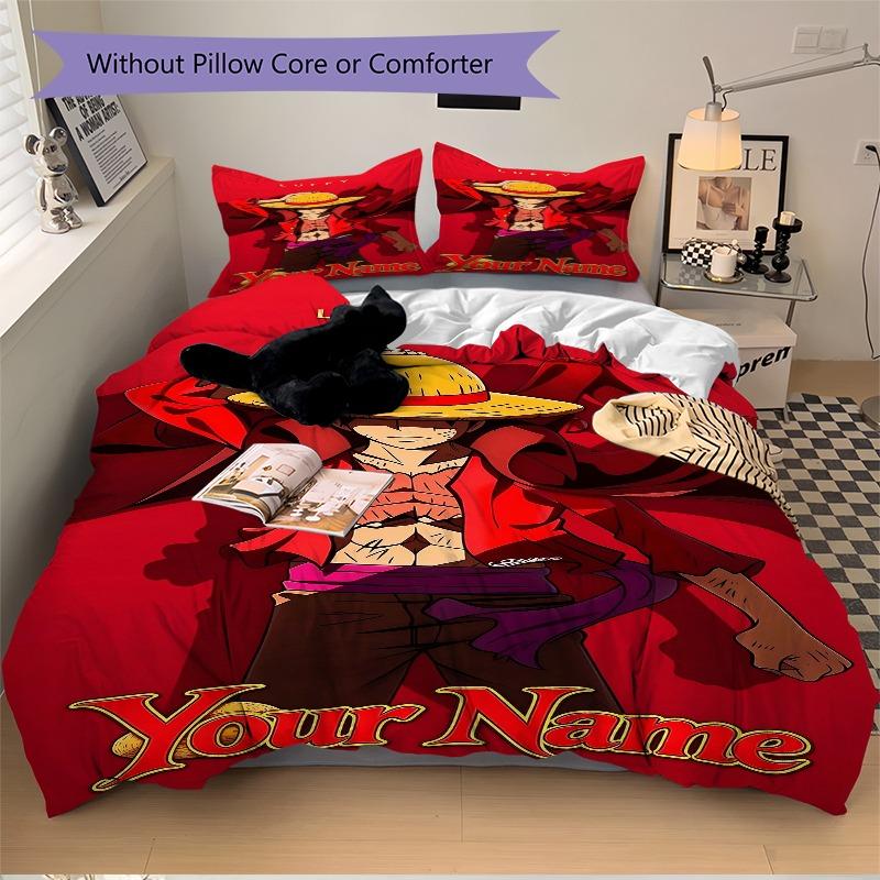 Luffy Name Anime Art Bedding Set Personalized Washable Custom 3Pcs Duvet Cover Pillowcases Soft Microfiber Home Bedroom Gift